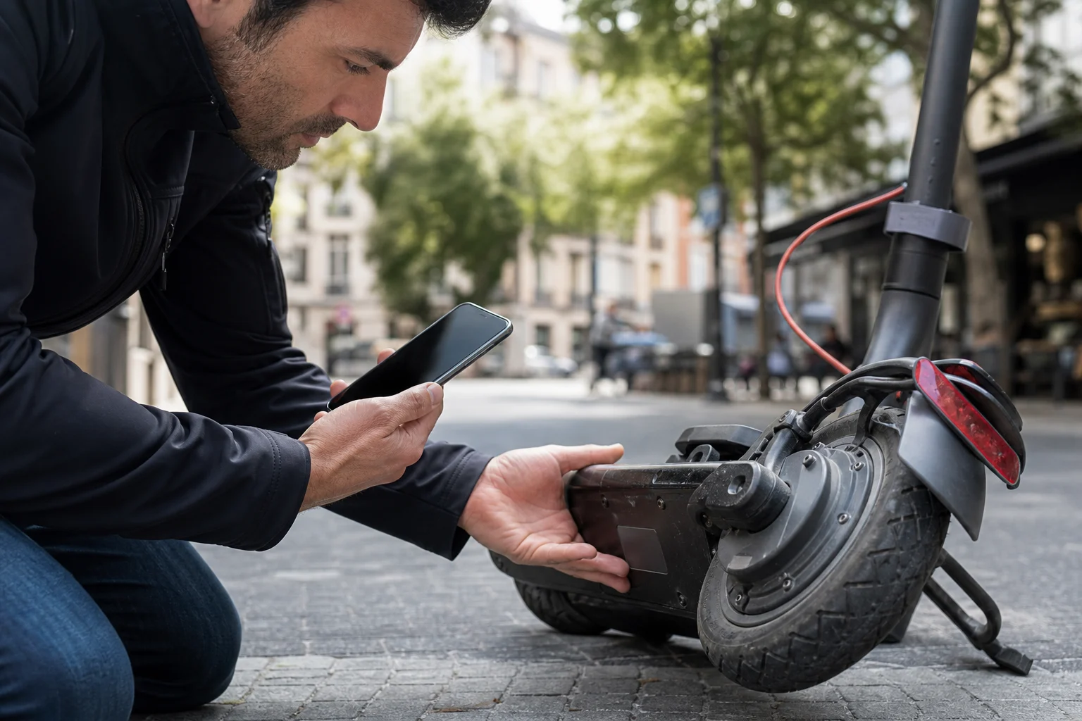 Person checking an electric scooter’s identification plate next to a phone showing the DGT list
