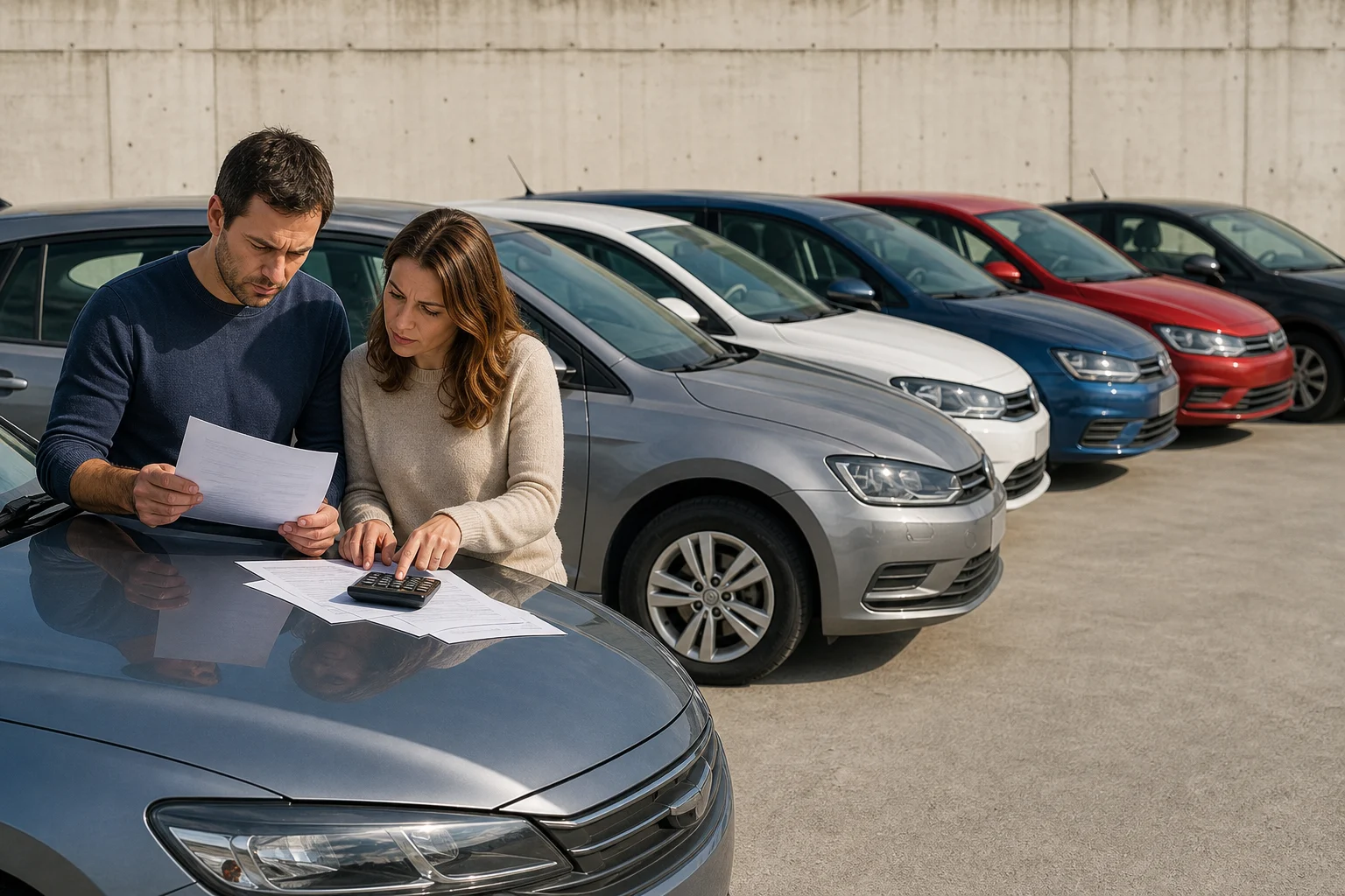 Five drivers compare contracts and a calculator beside several cars of different sizes in a car park.