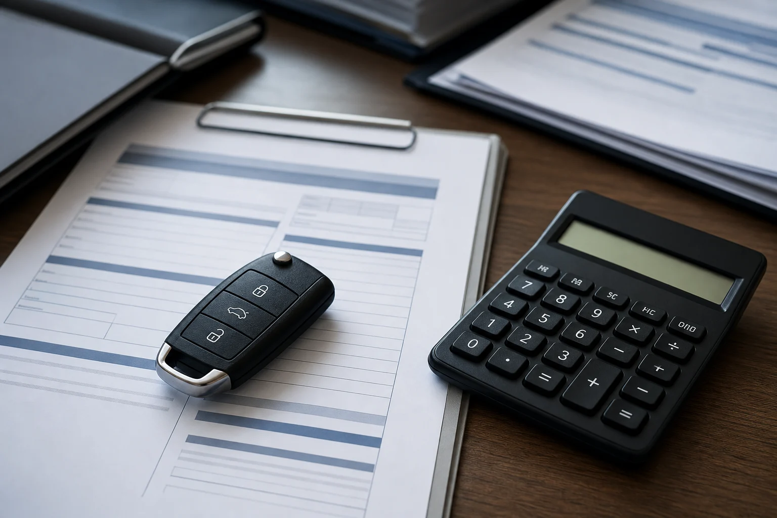 Car keys, purchase and rental contracts, and a calculator on a table.