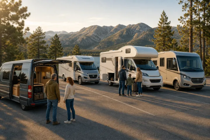 Four recreational vehicles in different formats parked by a travel area, with a couple and a family reviewing their layouts
