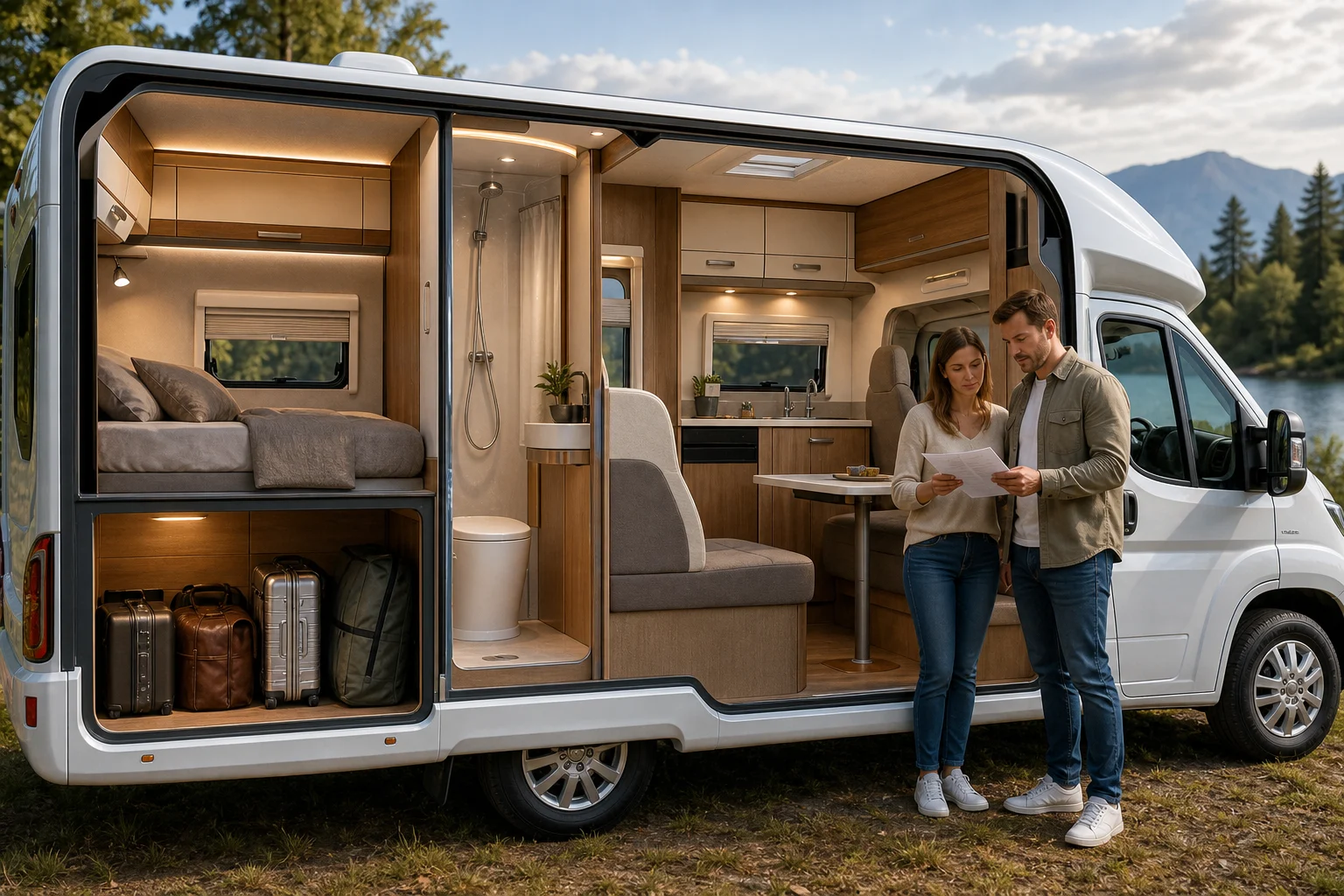 Cutaway interior of a motorhome with a bed, lounge, kitchen, bathroom and luggage while a couple compares needs