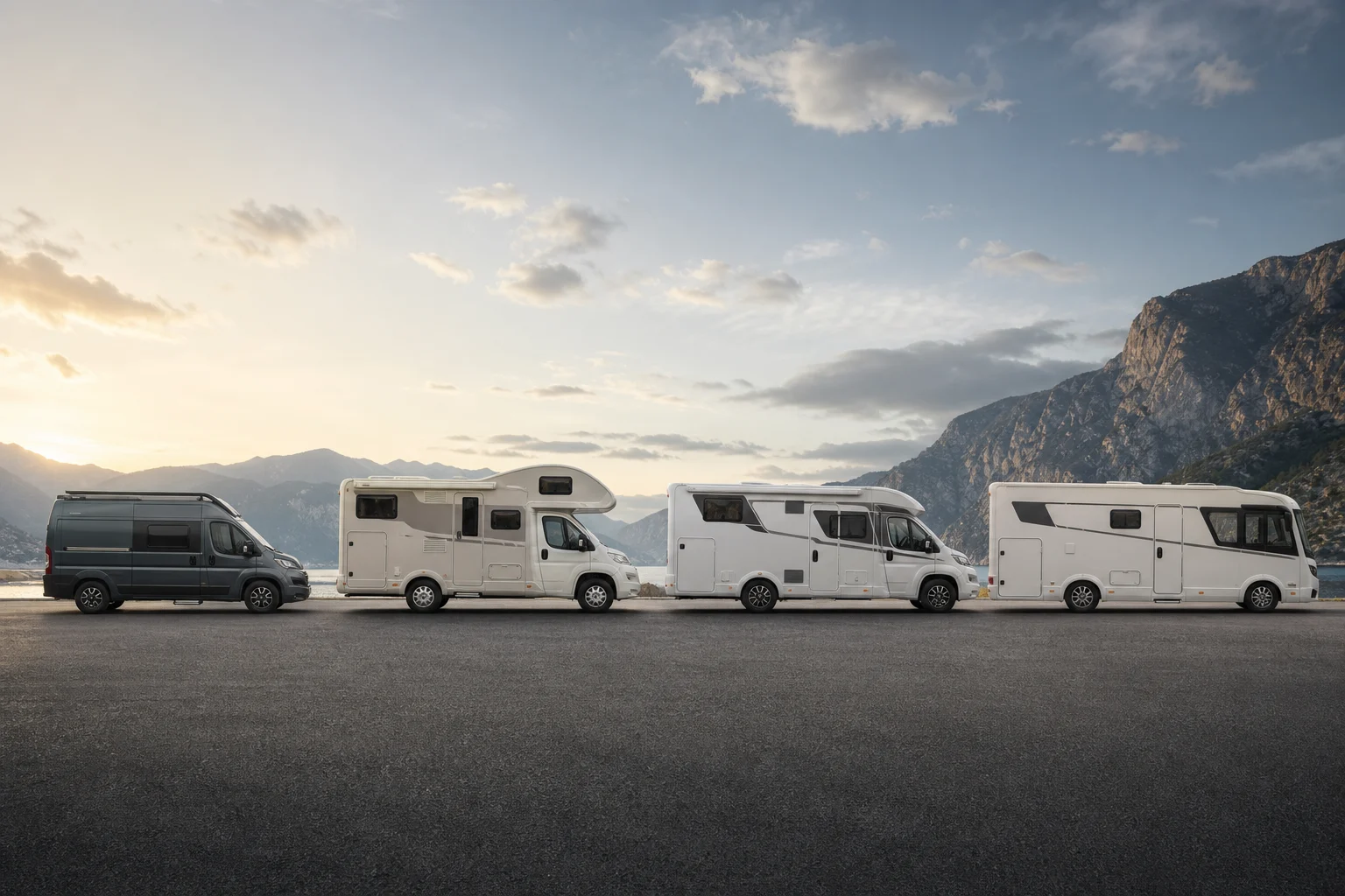 Side silhouettes of a campervan, an overcab motorhome, a low-profile motorhome and an A-class motorhome