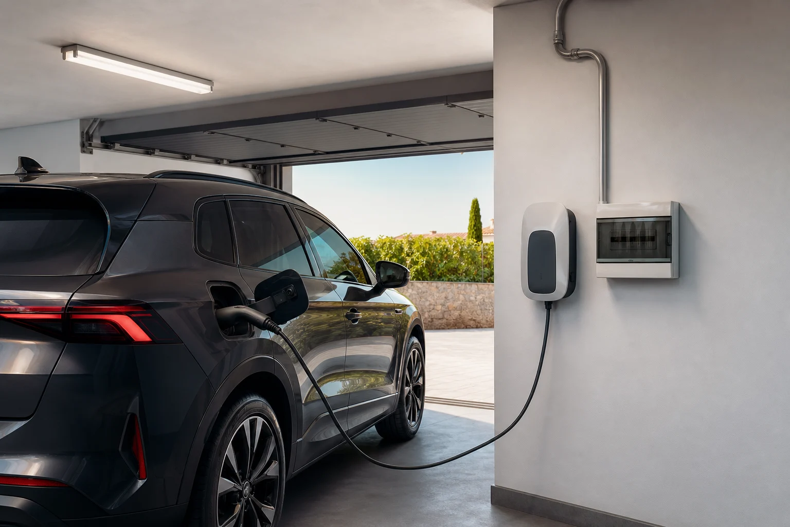Electric car parked beside a wall-mounted charging point in a tidy residential garage