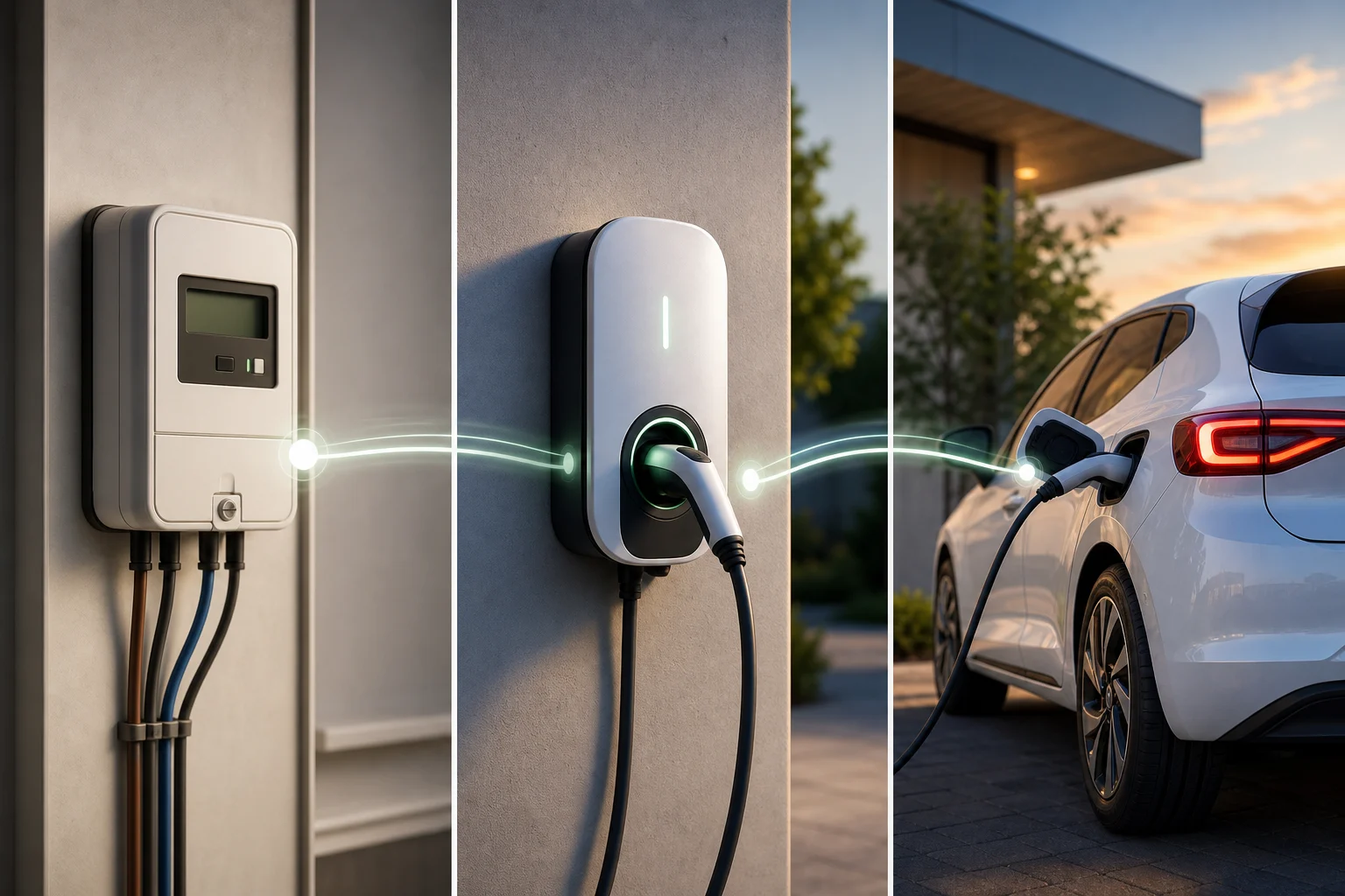 Household meter, wall-mounted charging point and electric car shown as separate elements