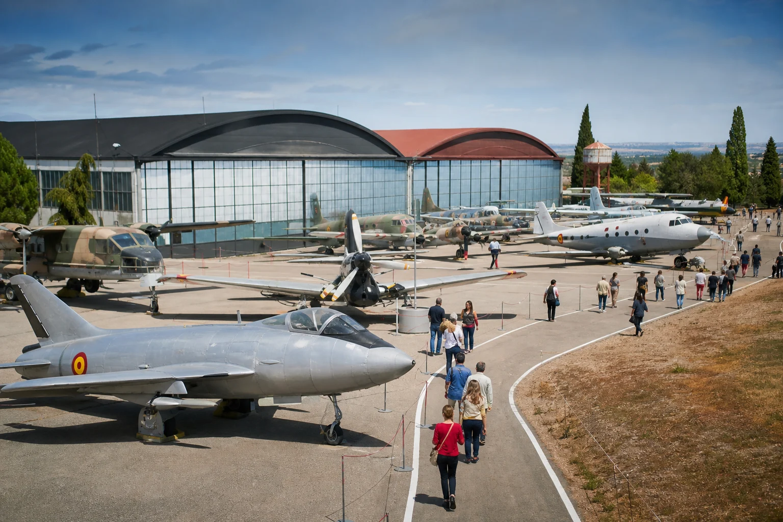 Historic aircraft displayed outdoors beside an aviation museum hangar