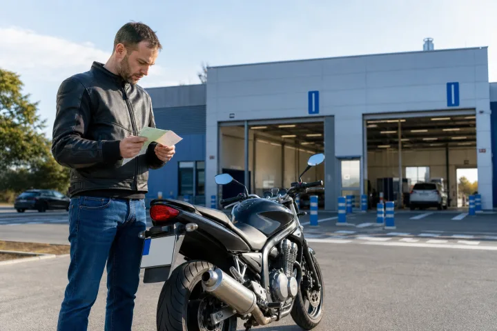 Motorcycle parked outside an ITV testing station with its inspection card and registration certificate ready