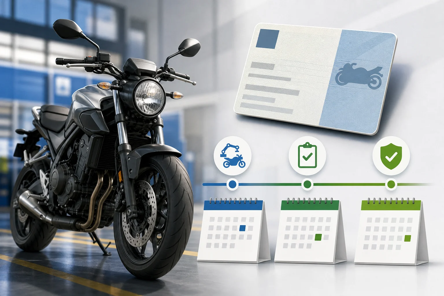 Motorcycle and calendar distinguishing first registration from the ITV validity date