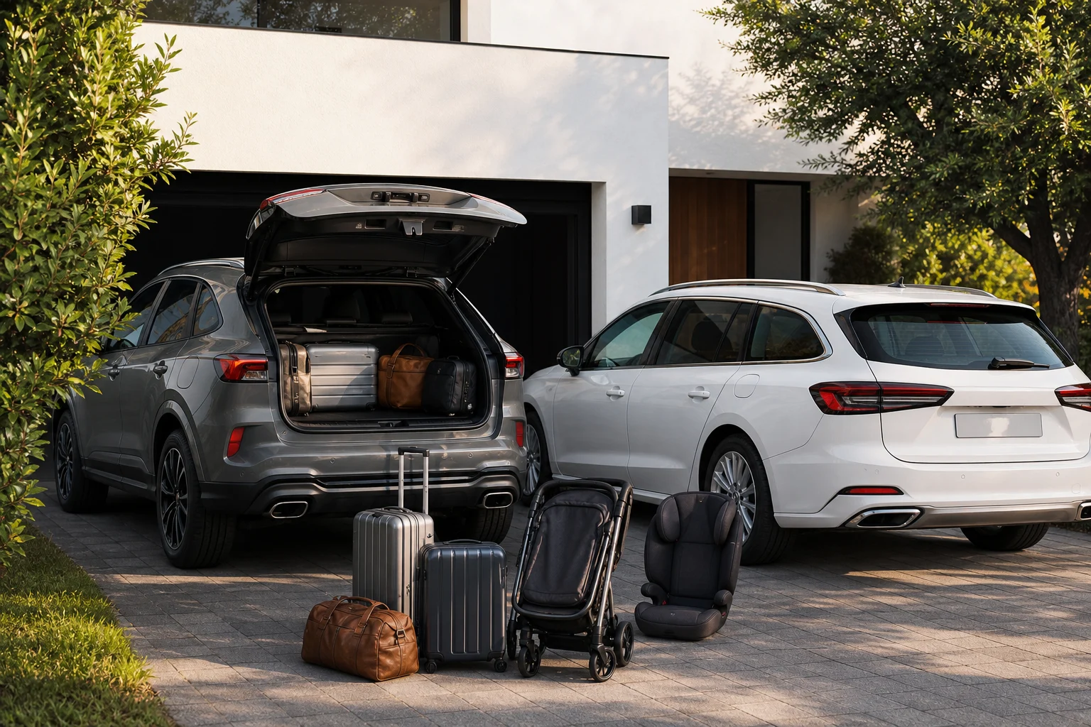 An SUV and an estate car parked beside luggage and a child seat in front of a residential garage