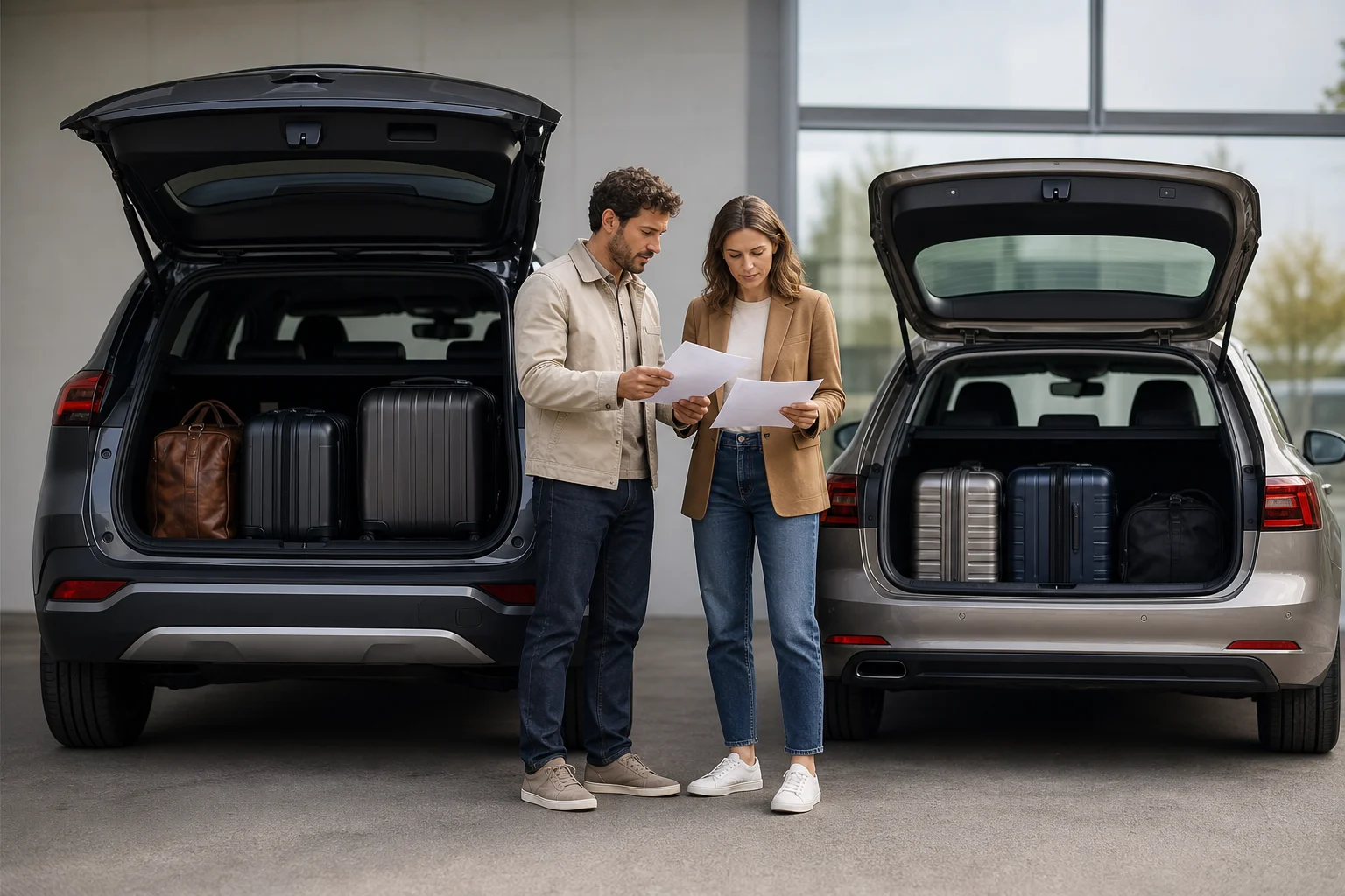 Two people compare the open boots of an SUV and an estate car with luggage