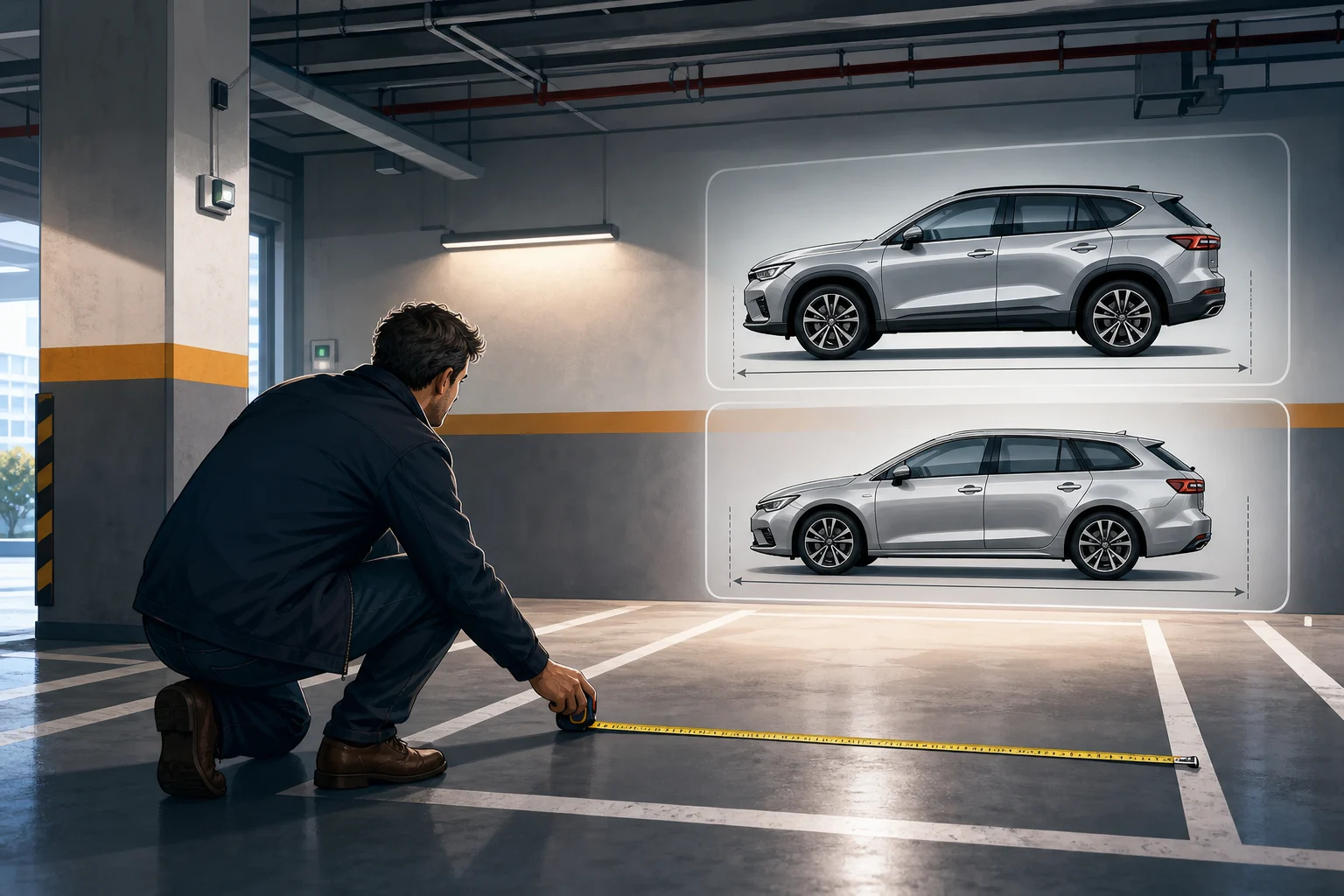 A person measures the width of a garage space before comparing two cars