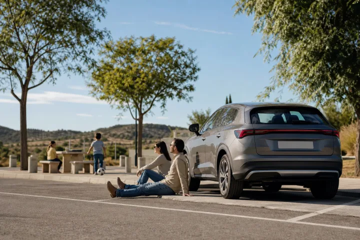 Family car stopped at a rest area while its occupants stretch their legs before continuing their journey