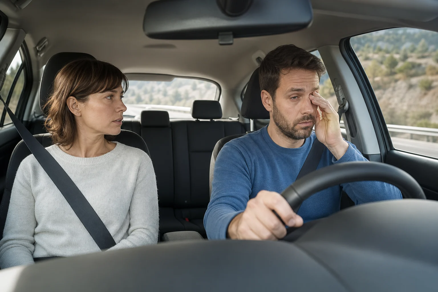 Driver showing visible signs of tiredness while travelling on the road