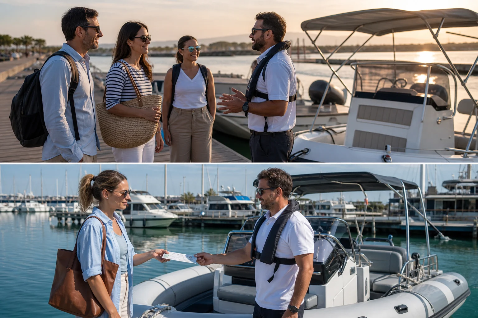 Passengers with a skipper and a customer showing her qualification before hiring a RIB.