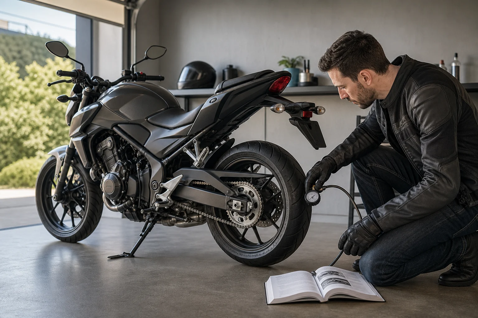 A motorcycle parked beside a pressure gauge while a rider consults the owner’s manual.
