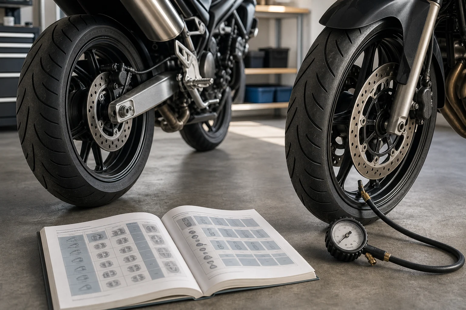 The front and rear wheels of a motorcycle, a pressure gauge and an open manual on a garage workbench.