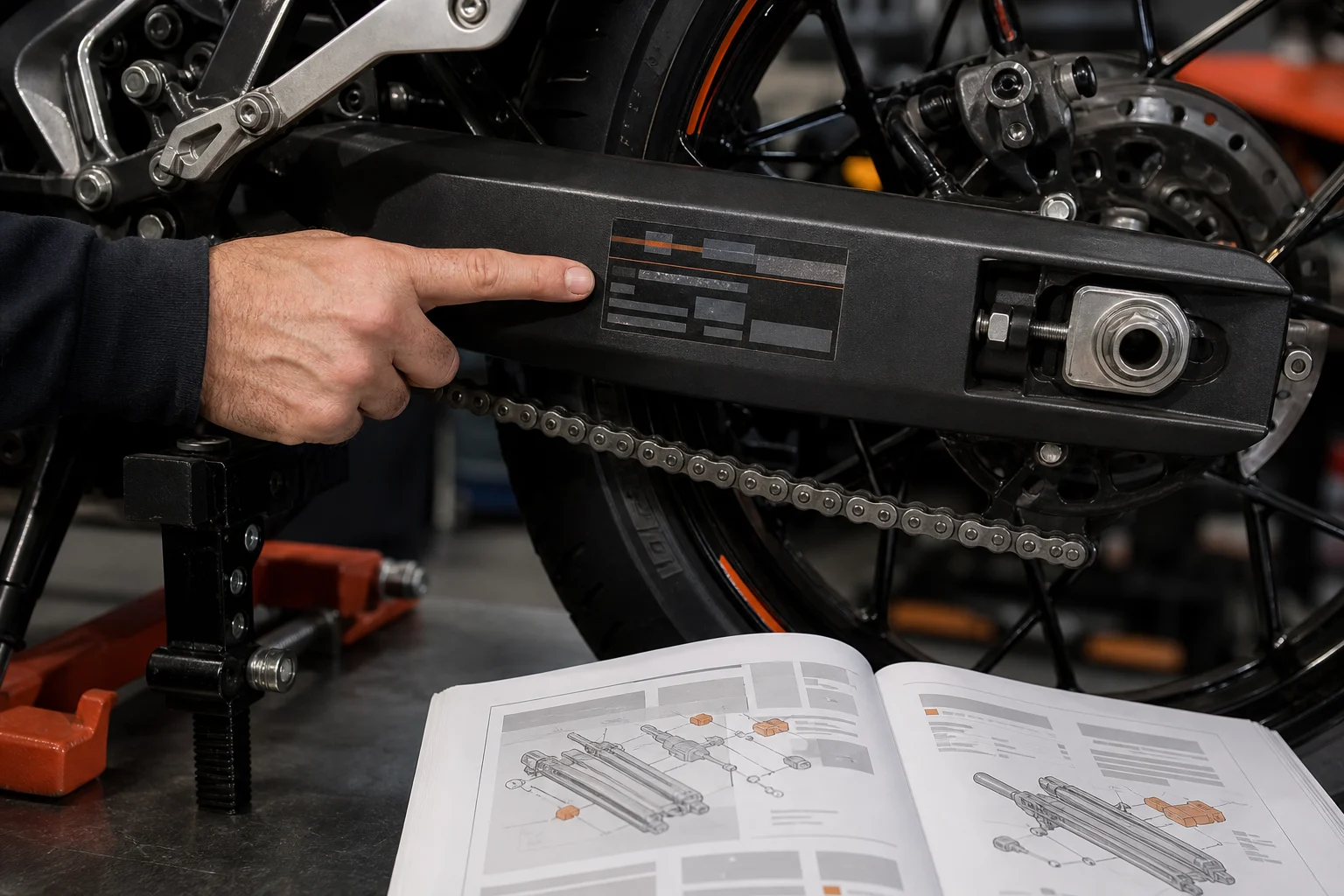 Close-up of a motorcycle swingarm with a technical sticker and the owner’s manual beside it.