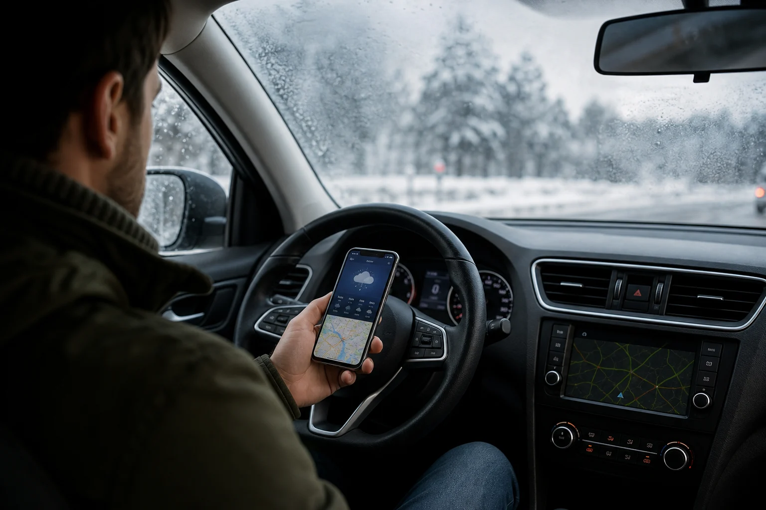 Person checking the weather forecast and traffic situation before setting off by car.