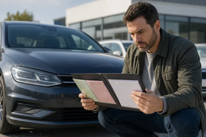 Buyer comparing used car documents beside a parked passenger car