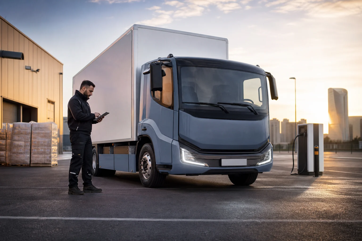 Electric distribution truck beside a logistics warehouse while an urban route is being prepared