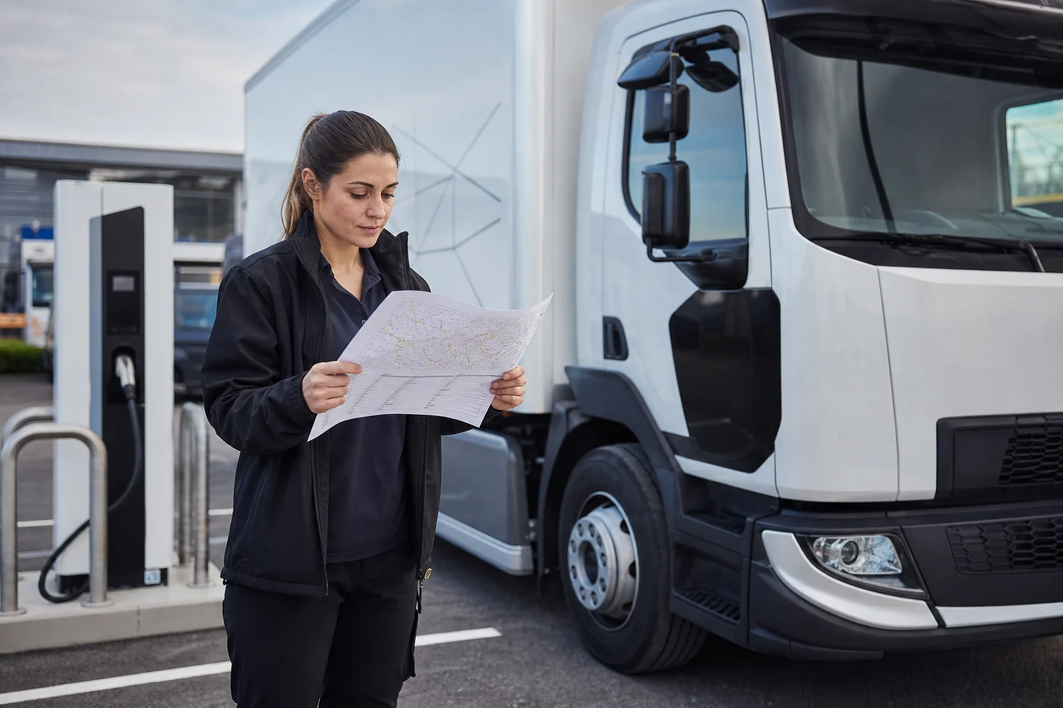 Fleet manager reviewing route data beside an electric delivery truck