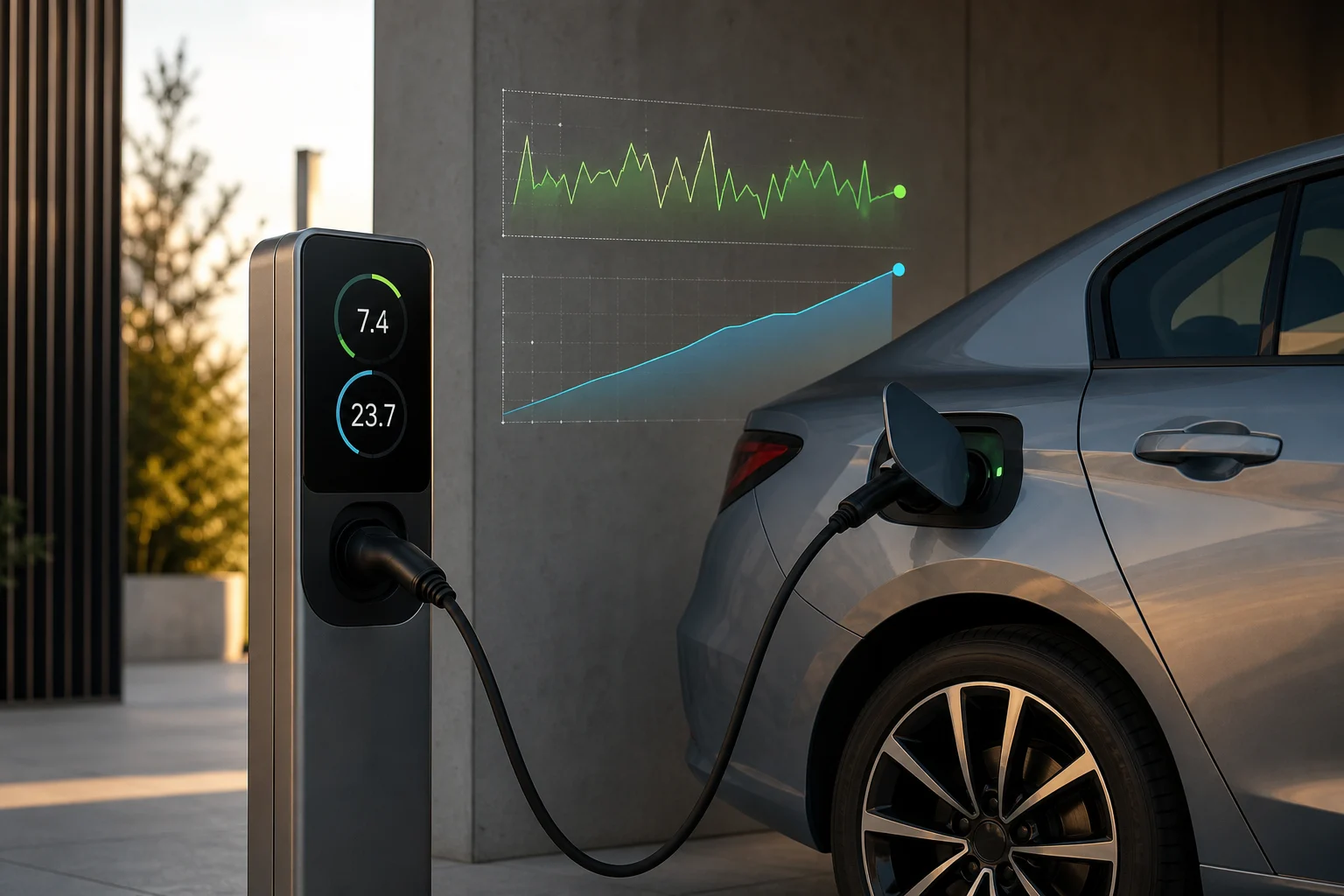 Electric car connected to a charging point while a display shows power in kW and energy in kWh