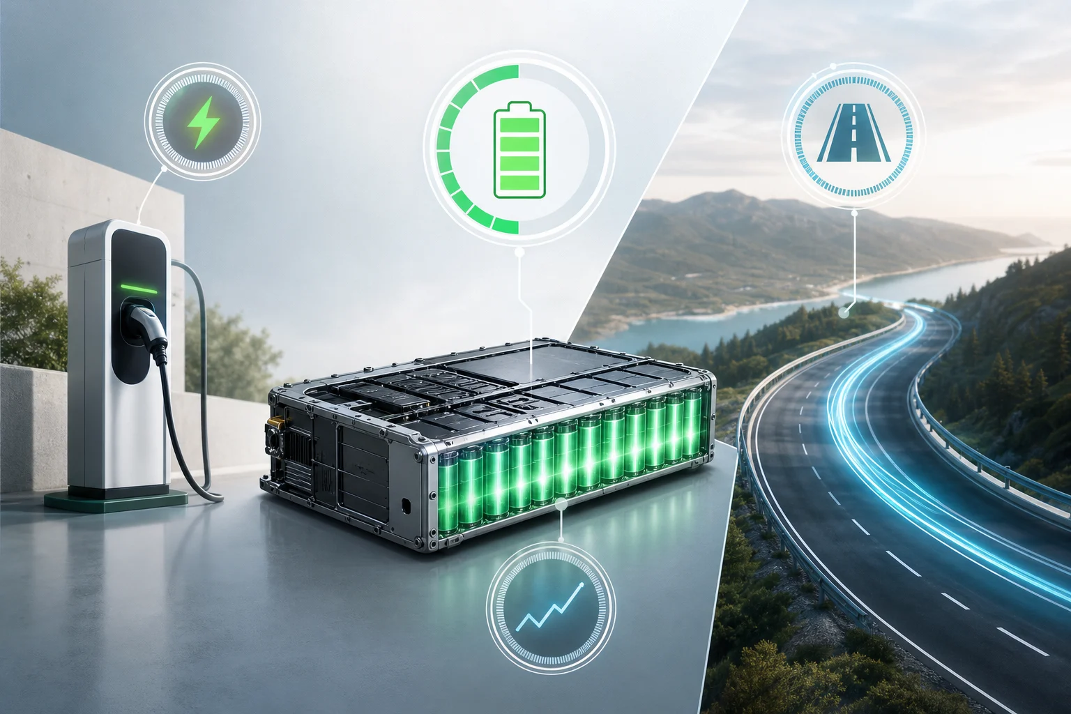 Infographic with a battery, a charger and a road distinguishing energy, power and consumption