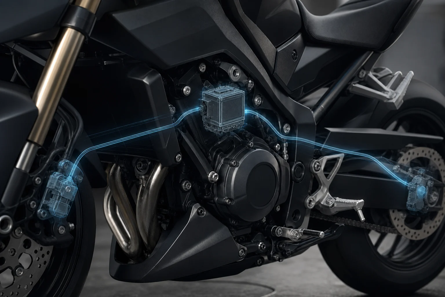 Conceptual representation of an inertial measurement unit connected to a motorcycle’s brakes