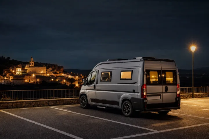 Campervan parked at night in a marked bay, with no furniture or objects outside the vehicle