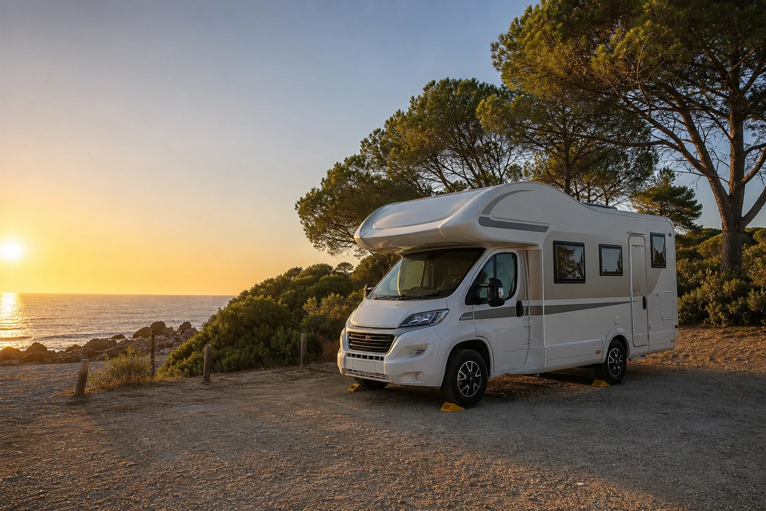 Motorhome parked on its tyres with safety wedges and no outdoor items