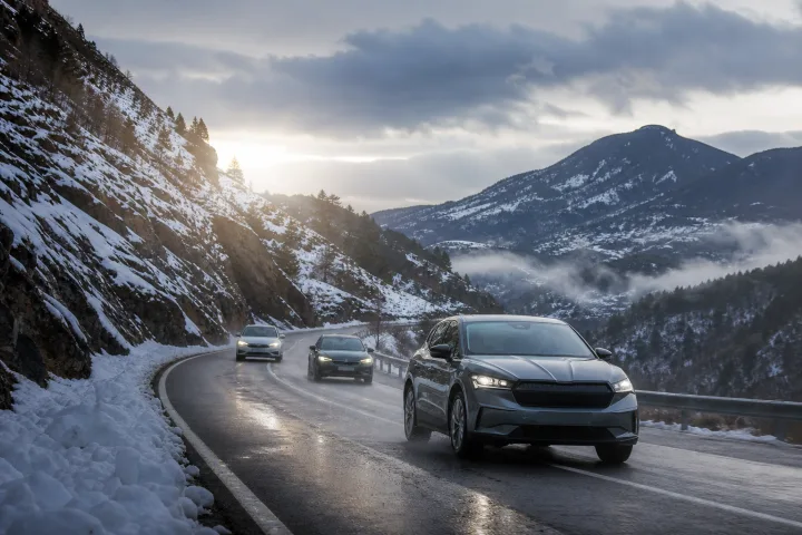 Three cars driving along a wet mountain road with snow on the verges