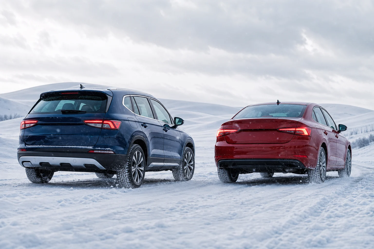 SUV and passenger car travelling on a snow-covered road with different tyres