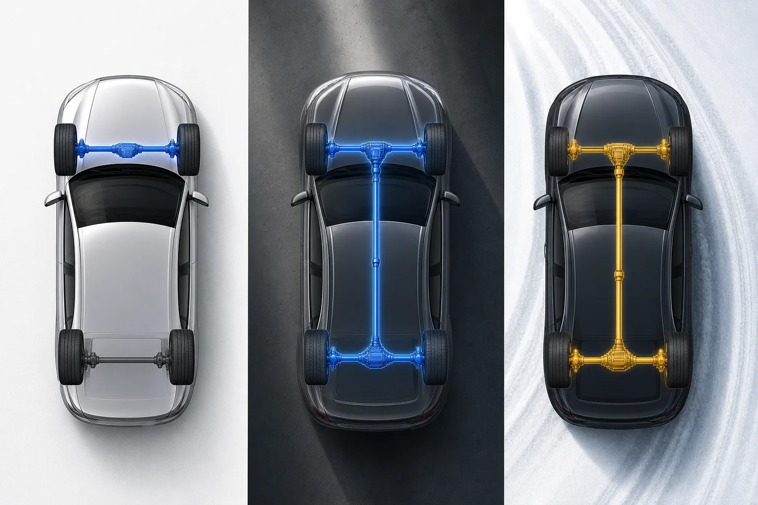 Visual diagram of cars with front-wheel drive and all-wheel drive