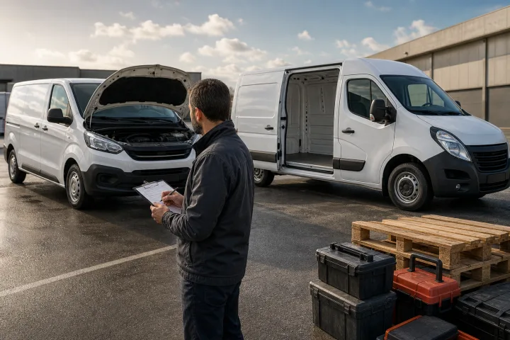 A small business manager reviewing a payload sheet next to two work vans.
