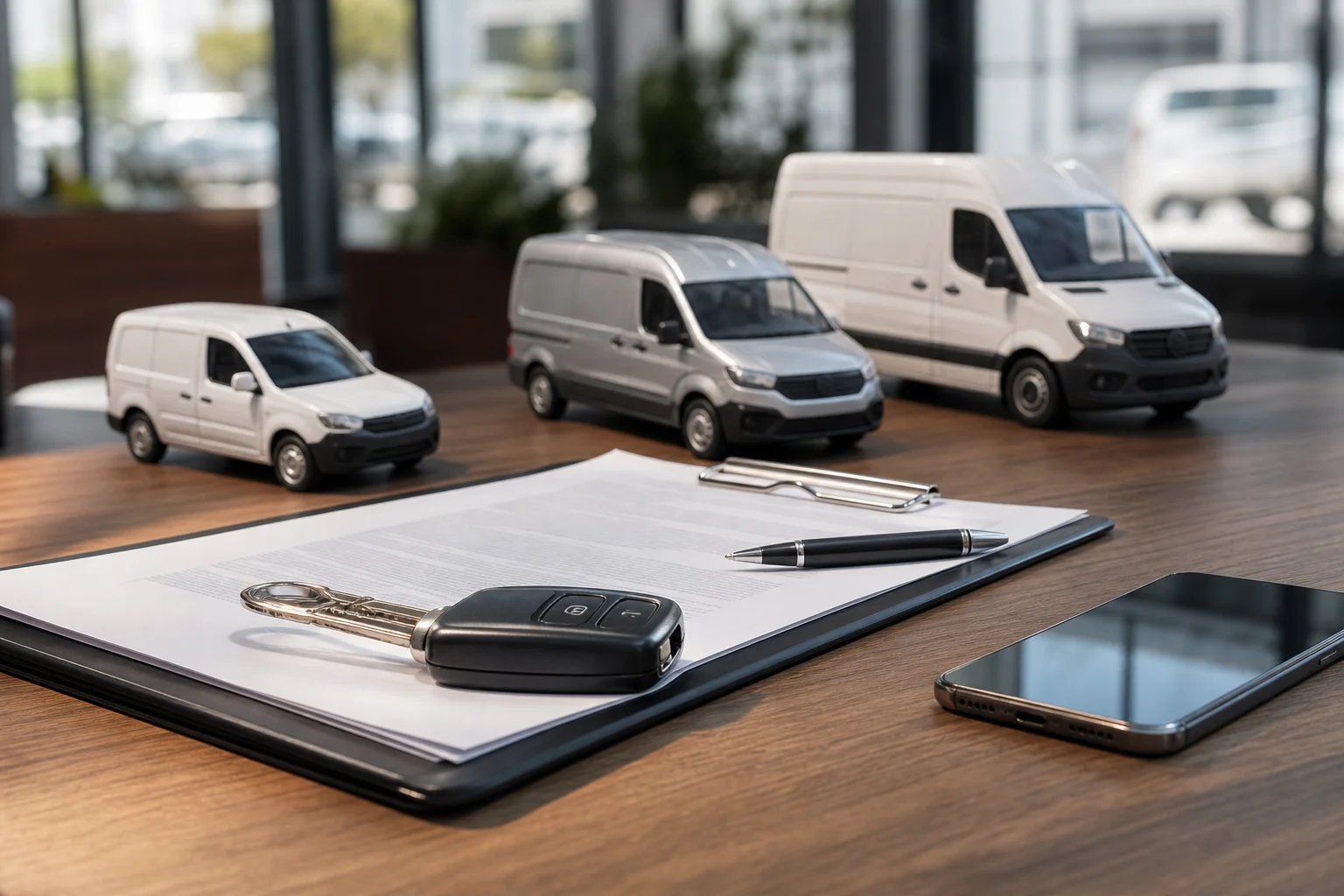 Business continuity sheet, keys and documents alongside depictions of vans of different sizes.