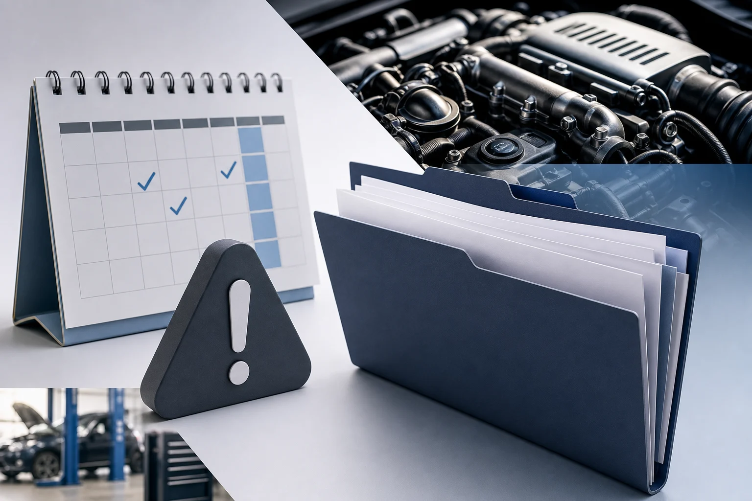 Calendar, documents and visual elements representing van servicing and a breakdown.