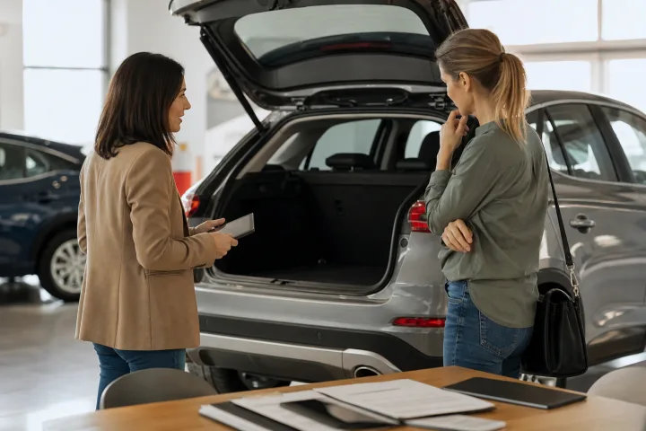 Buyer checking the paperwork and exterior of a used car with an independent professional