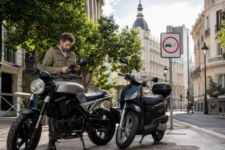 Motorcycle and moped parked beside an urban low-emission zone sign