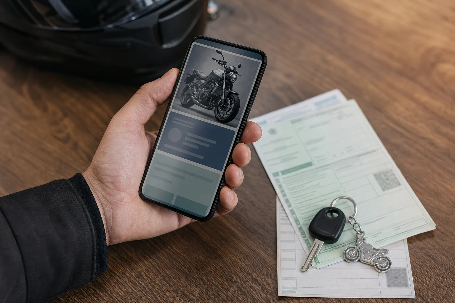 Digital check of a motorcycle alongside its registration certificate and technical inspection card