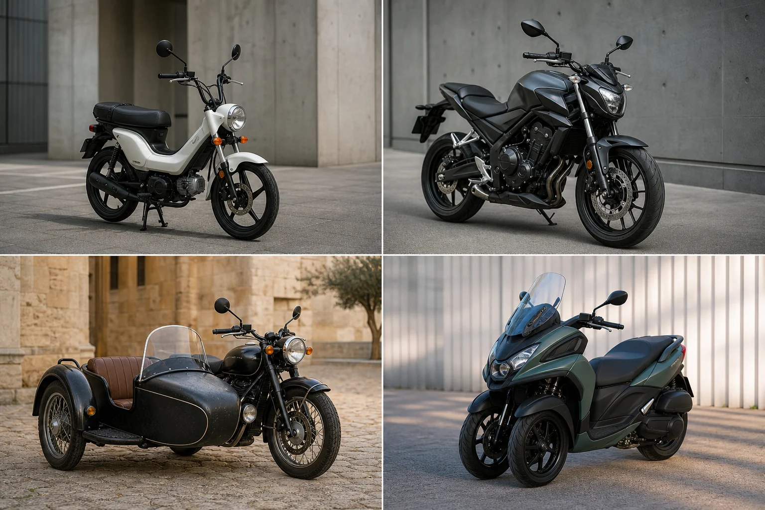 Moped, motorcycle, motorcycle with sidecar and three-wheeled vehicle parked together