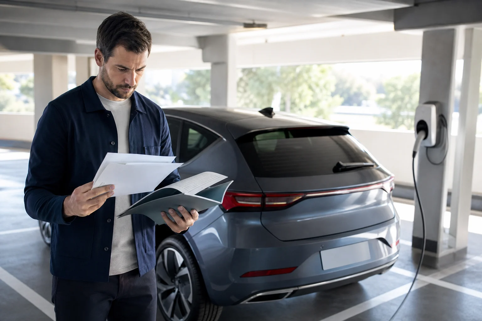 Buyer reviewing used electric car documents beside the vehicle and a charging point