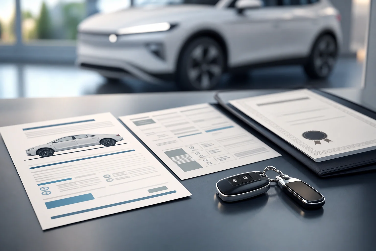 Used electric vehicle documents on a table beside its keys