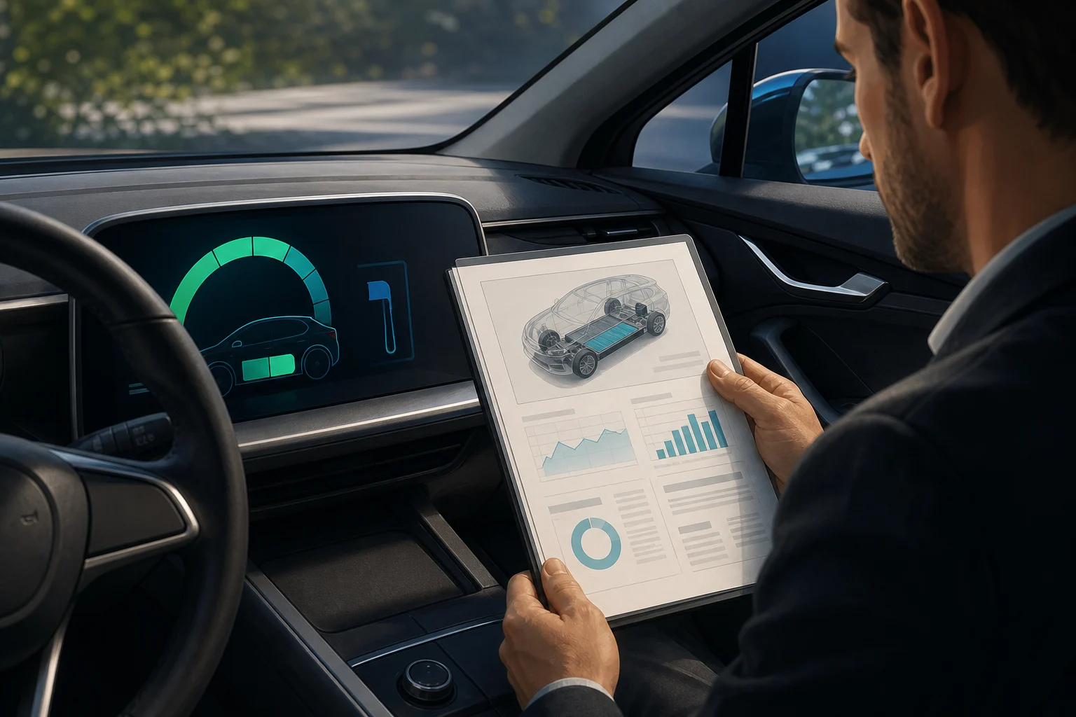 Electric car charge display beside a technical report