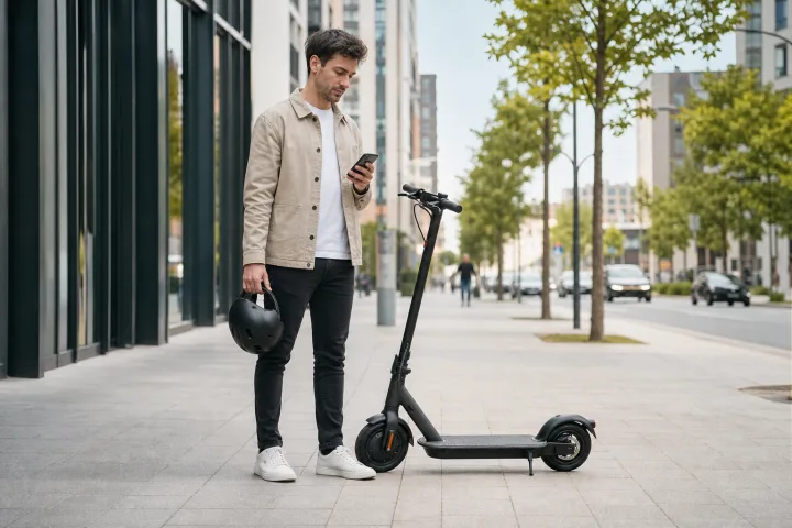 Person beside a parked electric scooter, checking the vehicle’s documentation and insurance on their phone.
