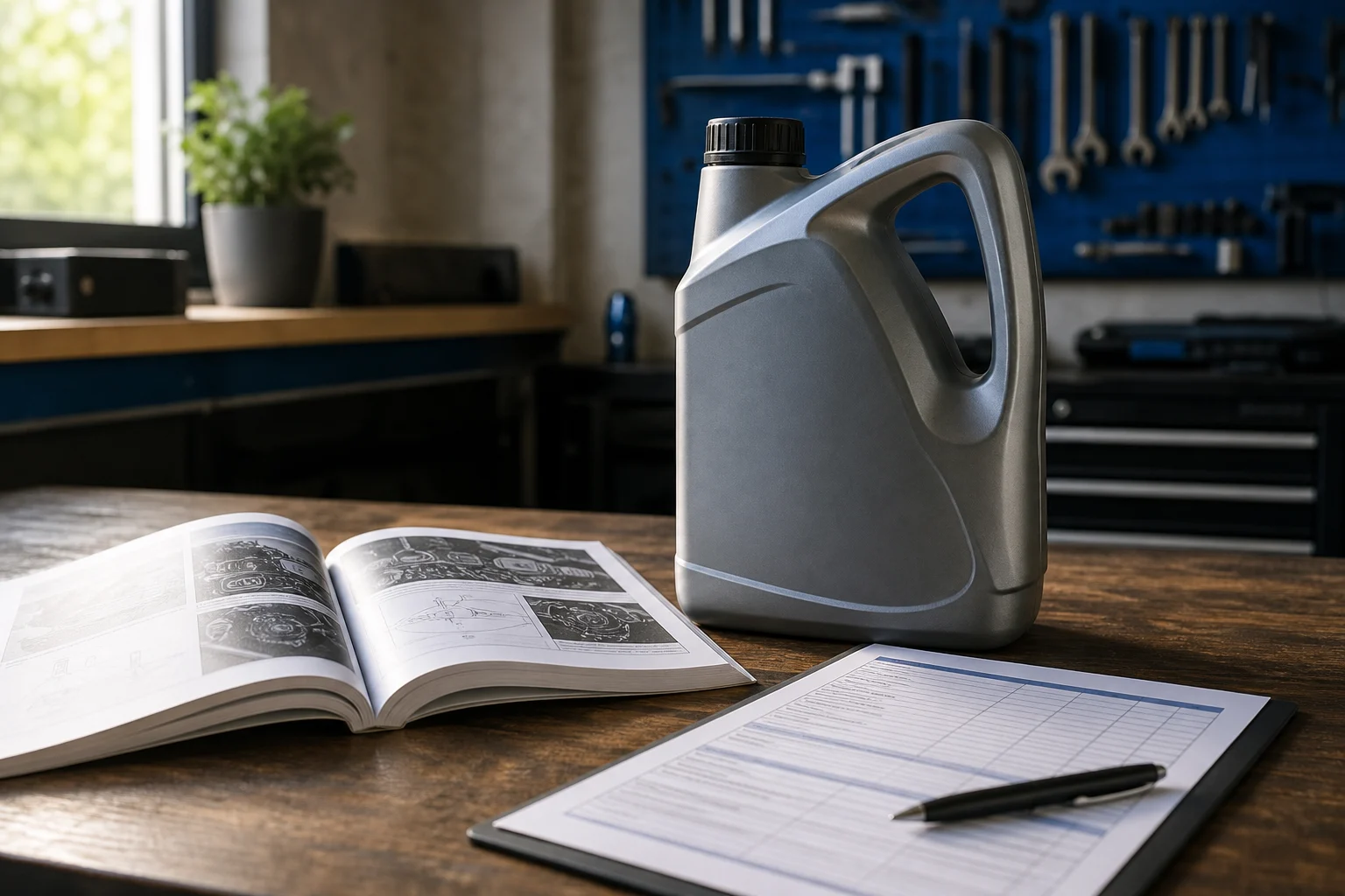 Engine oil container beside an open vehicle manual on a clean workshop table
