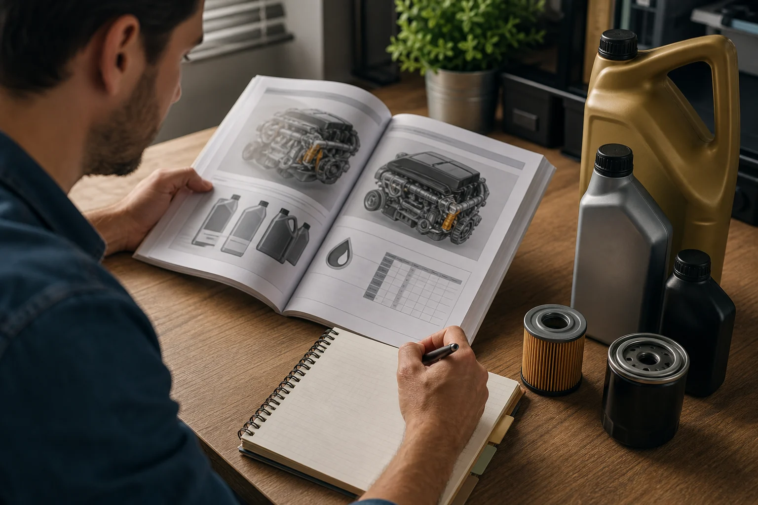 Person consulting a car manual and noting down oil details