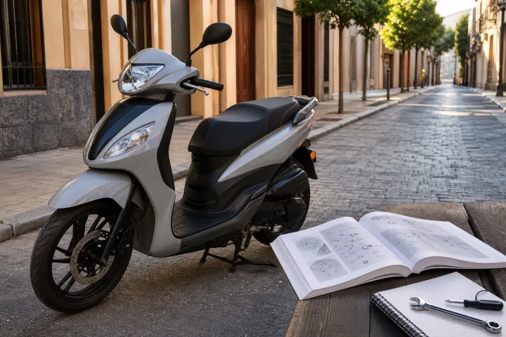 Automatic scooter parked beside its open owner's manual and a maintenance logbook