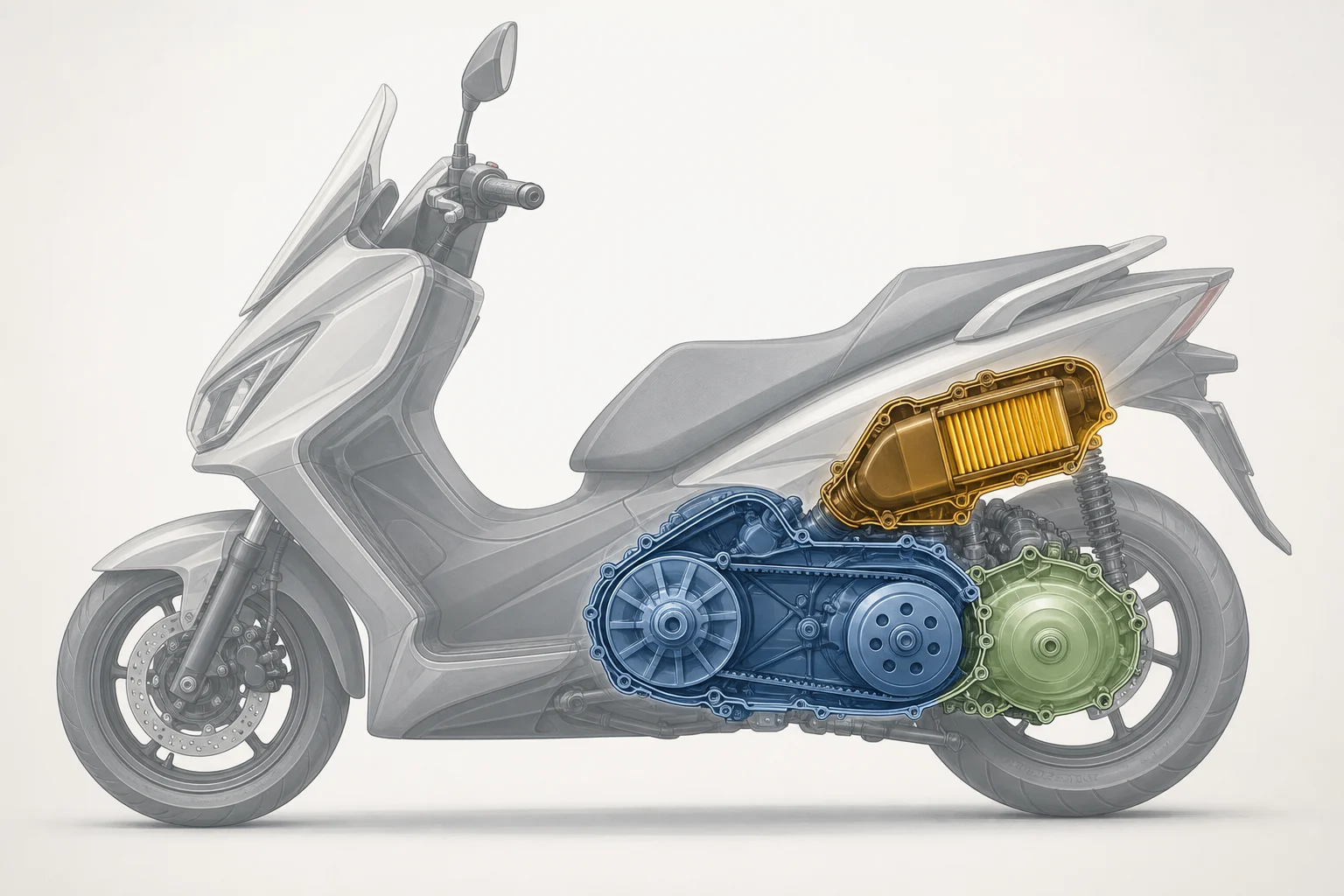Simplified diagram of the transmission and final drive areas on an automatic scooter