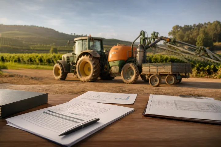 Tractor with trailer and sprayer on a Spanish farm next to technical documents