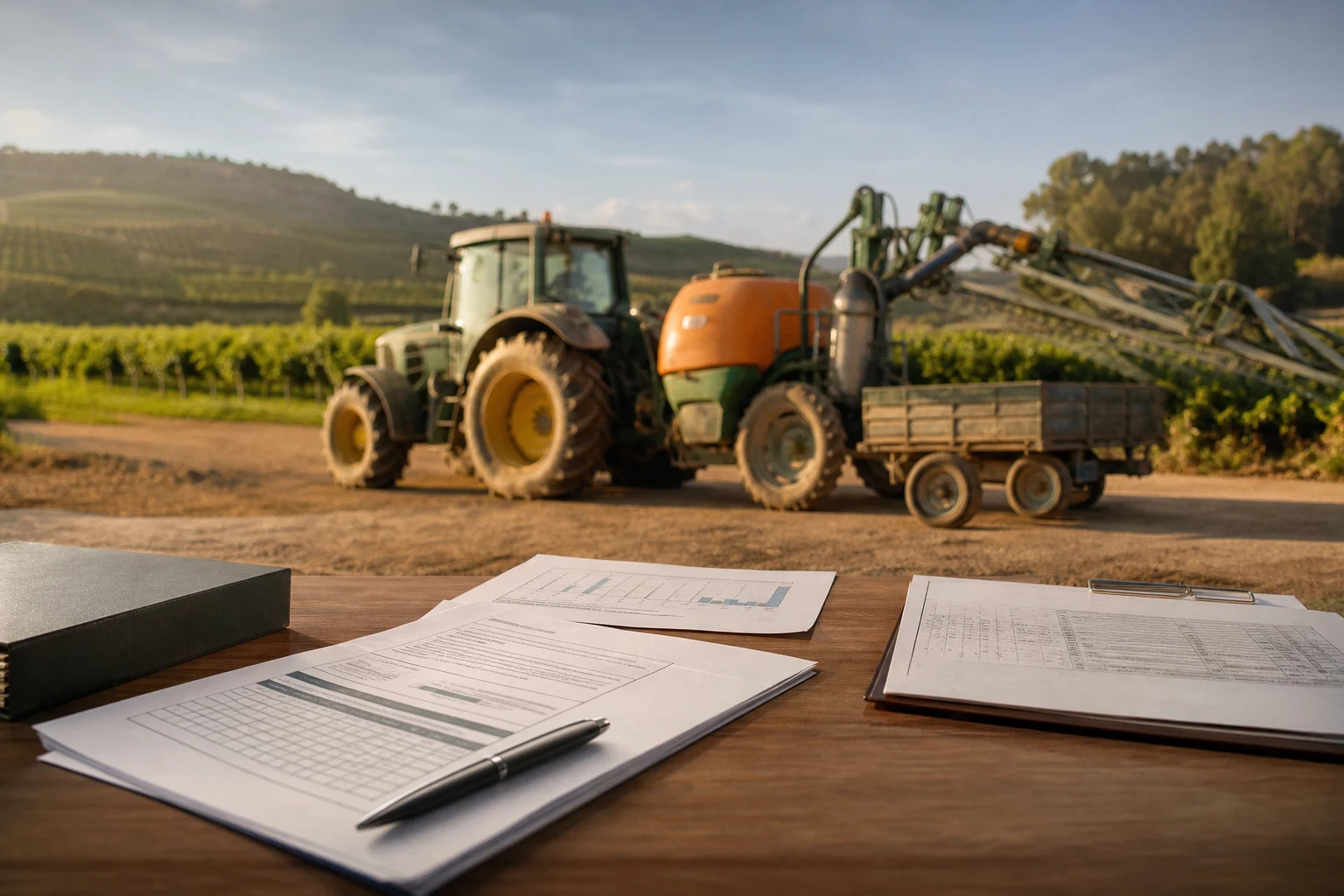 Tractor with trailer and sprayer on a Spanish farm next to technical documents