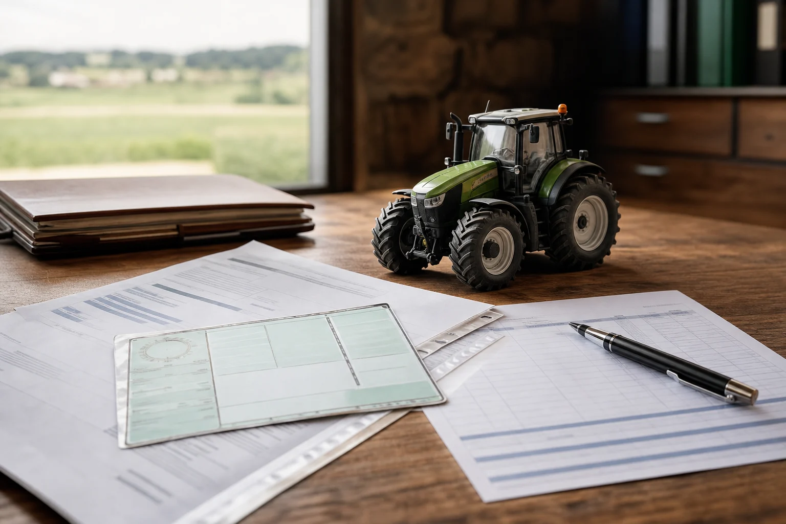 Technical documents, an ITV card and an invoice next to a tractor model on a table